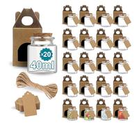 Espirito Rebelde 20 Pots en Verre Carrés pour Épices 40ml avec Bouchon en Liège + 20 Boîtes Kraft + 20 Étiquettes Kraft + Ficelle de Jute | Bocaux Rangement Cuisine | Épices, Confiture, Yaourt