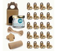 Espirito Rebelde 20 Pots en Verre Vides 30 ml avec Couvercle + Boîtes + Tissu + Ficelle de Jute + Étiquettes Kraft | Confiture, Conserves, Miel | Souvenirs de Mariage