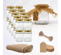 Espirito Rebelde 20x Pot en Verre Carré pour Épices 212ml avec Couvercle + 20 Étiquettes Kraft + Tissu et Ficelle de Jute - Bocaux Rangement Cuisine - Épices, Confiture, Yaourt