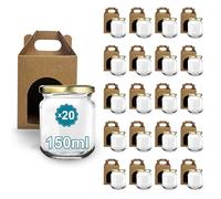 Espirito Rebelde Lot de 20 pots en verre vides avec couvercle de 130 ml avec 20 bôites en carton pour 1 pot de confiture - Inclut un couvercle à vis doré, pour confitures, conserves, miel