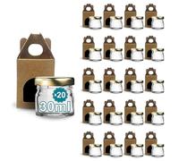 Espirito Rebelde Pack de 20 pots en verre vides avec couvercle de 30 ml avec 20 bôites en carton pour 1 pot de confiture - Pour confitures, conserves, miel