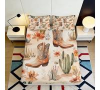 Esprit Western Bottes de Cowboy Fitted Sheet Motif Cactus Bed Cover 3D Printed Microfiber Daily Use, Facile à Entretenir, Guest Room Bedding 120x200x25cm