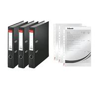 Esselte, Essentials, Pack de 3 Classeurs à levier, Noir, Dos 50mm, A4, PP, 624298 + Esselte, Pochettes Perforées A4, Lisse Transparente, Polypropylène 43 Microns, Lot de 100, 13089