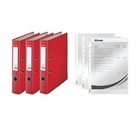 Esselte, Essentials, Pack de 3 Classeurs à levier, Rouge, Dos 50mm, A4, PP, 624296 + Esselte, Pochettes Perforées A4, Lisse Transparente, Polypropylène 43 Microns, Lot de 100, 13089