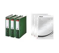 Esselte, Essentials, Pack de 3 Classeurs à levier, Vert foncé, Dos 75mm, A4, PP, 624293 + Esselte, Pochettes Perforées A4, Lisse Transparente, Polypropylène 43 Microns, Lot de 100, 13089