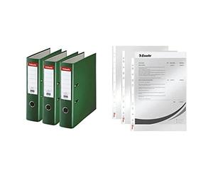 Esselte, Essentials, Pack de 3 Classeurs à levier, Vert foncé, Dos 75mm, A4, PP, 624293 + Esselte, Pochettes Perforées A4, Lisse Transparente, Polypropylène 43 Microns, Lot de 100, 13089