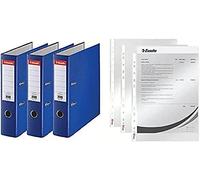 Esselte | Pack de 3 Classeurs à levier A4 | Dos 75mm | PP | Bleu| 624291 + Esselte |Pochettes Perforées A4 | Lisse Transparente | Polypropylène 43 Microns | Lot de 100 |13089