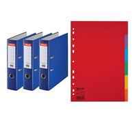 Esselte, Pack de 3 Classeurs à levier, Bleu, Dos 75mm, A4, PP, 624294 + Esselte Packs de 3 Intercalaires A4 6 Touches, Rouge/Multicolore, Carton Recyclé, 100200