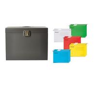 Esselte, Valise de Classement pour Dossiers Suspendus A4, Gris, 11896 + Lot de 15 Dossiers Suspendus avec Onglets & Étiquettes, 100% Carton Recy oloris Assortis (628808)