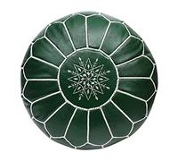 ESSENCE OF MOROCCO Pouf marocain en cuir véritable cousu à la main avec motif Marrakech brodé Vert Blanc