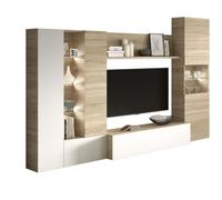 ESSENCIAL Meuble TV avec LED classique blanc brillant et décor chêne - L 260 cm