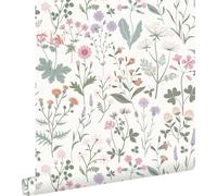 ESTAhome Papier peint Fleurs des champs Violet, rose et vert - 139482 - 0.53 x 10.05 m
