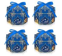 Estivaux Lot de 12 boîtes à bonbons pour l'Aïd Mubarak - Boîtes à friandises pour l'Aïd Mubarak - Boîtes à friandises bleues avec ruban pour fête de l'Aïd, anniversaire, carnaval