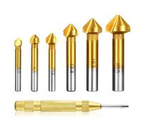 Estmoon 6pcs 90° HSS Fraise à Noyer Titane Conique Cylindrique Trois Taillants Outil de Vis Ø 6,3 - 20,5 mm et 1pcs poinçon de centre en laiton Sinking Chamfer Cutter