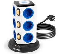 ET12L Tour Multiprise avec 3 ports USB-A - Veilleuse tactile - 12 Prises 3680W 13A - Multiprise avec parasurtenseur protection contre les surtensions - Câble de 1,8 m