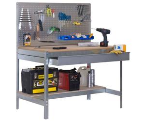 Etabli atelier Bois Métal avec panneau porte outils et tiroir de rangement 1440x1500x600mm galva 2 niveaux agglo 600kg en kit (BT-2 BOX 1500)