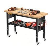 Établi Atelier Garage 120 cm Réglable 5 Hauteurs, Bois Caoutchouc 900 Kg | Double Niveau/2 Roue Avec Frein/ 6 Crochets/Panneau Perforé/Garage Atelier Bureau Maison Commercial