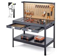 Établi avec panneau perforé / panneau à outils - Table de travail d'atelier - Capacité de charge : 110 kg - Deux tiroirs - Deux compartiments de rangement - Éclairage LED - Multiprise USB intégrée
