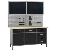 Établi avec panneaux et armoires - vidaXL - 160x60x85 cm - Noir - Capacité 500 kg - 6 tiroirs