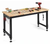 Établi COSTWAY 122 cm pour charges lourdes, table de travail réglable en hauteur avec structure métallique, panneau perforé, prise électrique et plateau en bois massif de 2,5 cm d'épaisseur, capacité