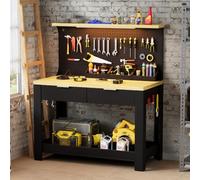 Etabli d’Atelier avec Lampe de Travail LED et Prise Intégrée Établi Polyvalent avec 2 Tiroirs, Panneau Arrière Perforé Établi de Travail Multifonction pour Entrepôts Bricolage 56x110x135CM Max. 200KG