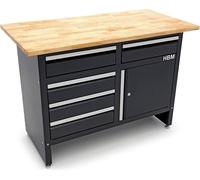 Etabli d'atelier avec plan en bois 120cm, avec 5 tiroirs, 1 porte HBM