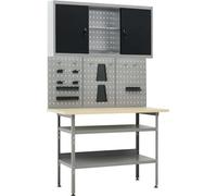 Établi d'atelier complet, acier et bois d'ingénierie, 120x60x85 cm, 300 kg, avec 3 panneaux muraux perforés et armoire de rangement verrouillable