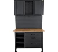 Etabli d'Atelier Garage avec Armoire de Rangement - Plan de travail Bois 2 Armoires 3 tiroirs Panneau perforé Charge 500kg VITO