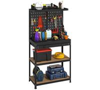 HOMCOM Établi d'atelier, charge max. 240 kg, 80x40,5x155cm, plan de travail avec panneau perforé, 14 kits de suspension, 2 étagères inférieures et grand tiroir, pour garage, entrepôt, atelier, noir
