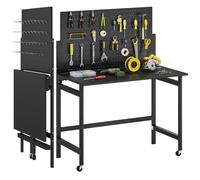 HOMCOM Établi d'Atelier Pliable à roulettes, 115x62x143,5cm, Plan de Travail avec Panneau Perforé, 12 Crochets, Plateau Épais, Cadre en Acier, Charge 120 kg, pour Garage, Atelier ou Entrepôt, Noir