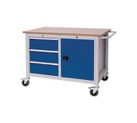 Etabli L1250xP750xH935mm Hêtre multiplex gris clair/bleu signal 3 tiroirs.1 porte