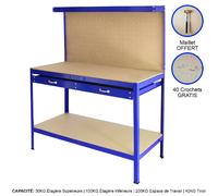 Etabli de Travail Bleu Banc Plan de Travail Tiroir 2 Niveaux Etagère Rangement