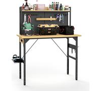 Établi naturel/noir 120 x 60 x 125,5–155,5 cm, réglable en hauteur, charge maximale 700 kg, avec prises électriques, roulettes et panneau à outils