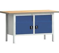Etabli PW 700 L1500xP700xH840mm Hêtre multiplex gris bleu gentiane 2 tiroirs 2 portes