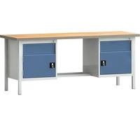 Etabli PW 700 L2000xP700xH840mm hêtre multiplex gris bleu 2 tiroirs 2 portes
