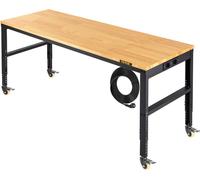 Établi réglable en hauteur, 155 x 51 cm Table de garage avec hauteur réglable de 80 à 105 cm et capacité de charge de 720 kg, avec prises électriques, plateau en bois dur, structure métallique et roul