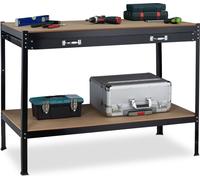 Établi Relaxdays avec tiroir, 2 niveaux, pour atelier et garage, en acier et MDF, table de travail, dimensions 90,5 x 121 x 63,5 cm, noir