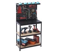 Établi Relaxdays, dimensions : 155 x 80,5 x 41 cm, 3 niveaux, avec panneau perforé, tablette et accessoires, acier et MDF, étagère d'atelier, noir