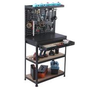 Établi Relaxdays, dimensions : 156 x 81 x 41 cm, 3 niveaux, avec tiroir, panneau perforé et accessoires, acier et MDF, étagère d'atelier, noir
