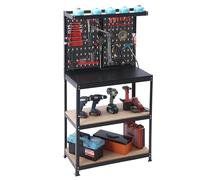 Établi Relaxdays H x L x P: 155 x 80,5 x 41 cm, 2 Niveaux, Panneau perforé, étagères & Accessoires, Acier/MDF, Noir