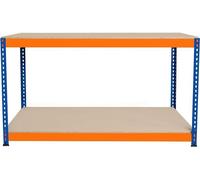Établi S-Rax à 2 niveaux 150 cm x 60 cm x 90 cm | 300 kg par étagère et 6 poutres de soutien renforcées | Table d'atelier | Acier, aggloméré et pieds en caoutchouc [Montage sans vis et étagères réglab