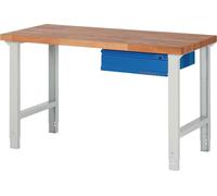 Établi série BK 650 L1500xP700xH790-1140mm Hêtre massif gris clair / bleu gentiane 1 tiroir