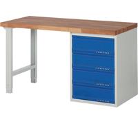Établi série BK 650 L1500xP700xH840mm Hêtre massif gris clair / bleu gentiane 4 tiroirs