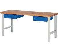 Établi série BK 650 L2000xP700xH790-1140mm hêtre massif gris clair / bleu gentiane 2 tiroirs