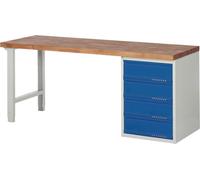 Établi série BK 650 L2000xP700xH840mm hêtre massif gris clair / bleu gentiane 4 tiroirs