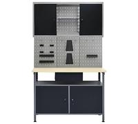 Etabli Table de travail avec 3 parois à outils, armoire murale, tiroir, panneau perforé, hauteur réglable, espace de rangement, atelier, garage, cave, bricolage