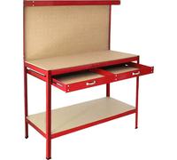 Établi, table de travail, plan de travail, crochets, panneau perforé, tiroir, atelier, rouge, établi, structure sans vis