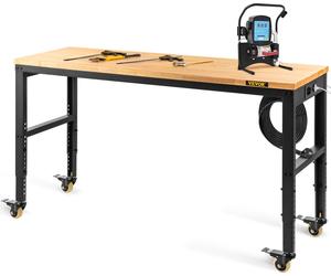 Établi VEVOR, réglable en hauteur, 154,9 x 50,8 cm, table de garage avec hauteur 79,5 cm - 104,9 cm et capacité de 725,7 kg, prises et plateau en bois dur et cadre métallique et roulettes pivotantes,