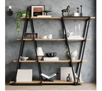 Étagère 158x35x166 cm, bibliothèque métal et MDF, design triangulaire, 4 niveaux, bois effet chêne, rangement salon et bureau