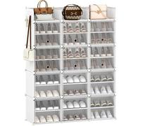 Étagère à Chaussures 12 Compartiments, avec Portes et Crochets, pour 48 Paires de Chaussures, 36 x 125 x 161 cm, Blanc Transparent